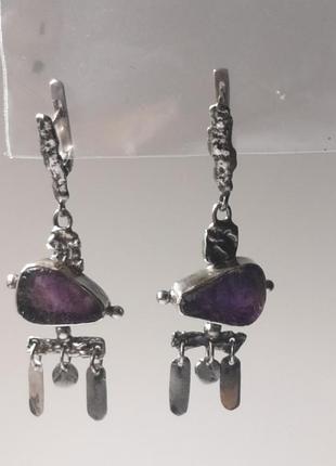 Дизайнерські неймовірні срібні 925 сережки з натуральними аметистами