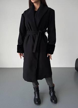 Чорне пальто міді кашемірове пальто на підкладці чорне пальто з поясом