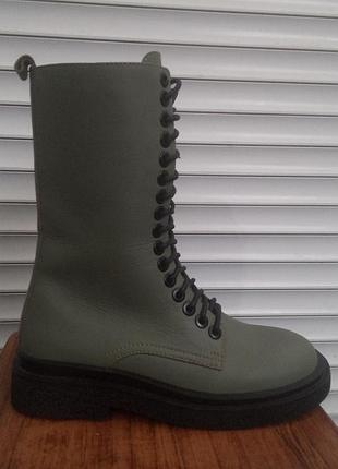 Ботинки зимние женские натуральные кожа и мех не скользкая зимняя подошва шнуровка и молния размер 37, или 23,5. цвет хаки на каждый день!
