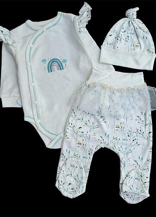 Комплект 3в1: боди с длинным рукавом, ползунки, шапочка "принт", интерлок тм "happy tot" 62 см