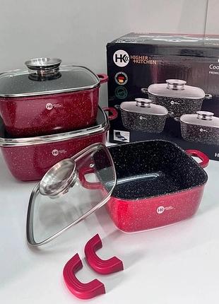 Набір квадратних каструль із гранітним покриттям на 8 предметів higher kitchen нк-302 (червоний, чорний)