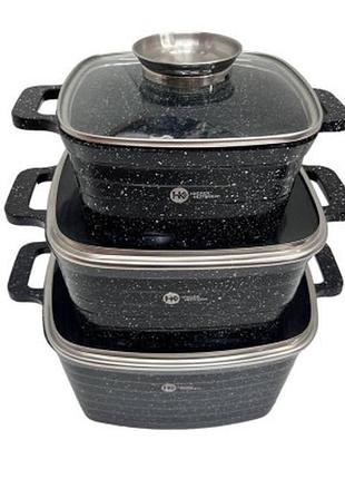 Набір квадратних казанів higher kitchen hk 322 на 6 предметів (червоний, чорний)