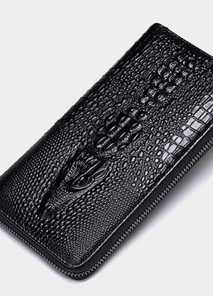 Женский кожаный клатч кошелек с крокодилом, женский клатч-кошелек крокодил натуральная кожа черный