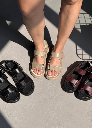 Трендовые босоножки на двух липучках на двух липучках цвета - черный бордо, беж✔️