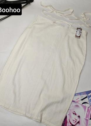 Спідниця жіноча міді бежевого кольору з високою зав'язками на талії льон від бренду boohoo l xl