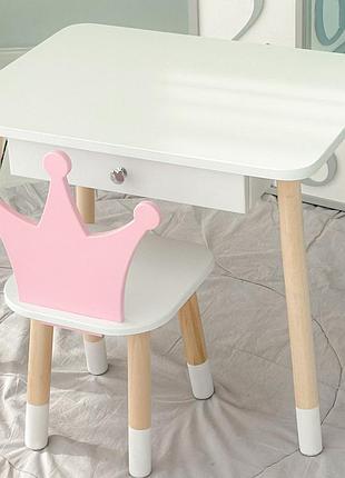Дитячий столик білий і стільчик корона біло-рожевий. столик із шухлядою для олівців і розмальовок 56787