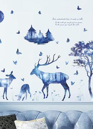 Наклейка декоративная виниловая на стену на шкаф на обои на двери на плитку "олень синий" 115*60см