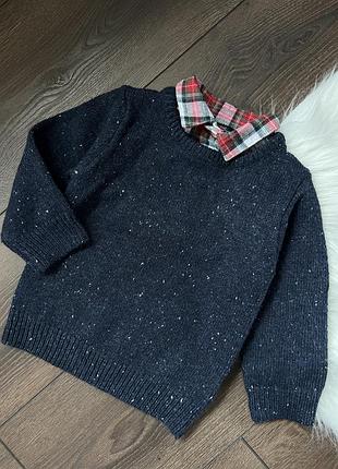 Темно синя кофта светр джемпер обманка з комірцем сорочки рубашки в клітинку для хлопчика 9-12 міс 80 см некст next
