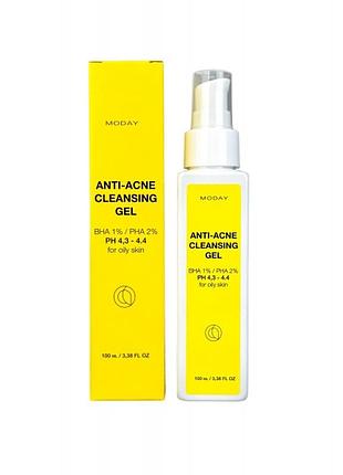 Очищаючий гель для проблемної шкіри moday anti-acne cleansing gel з bha, pha кислотами та вітаміном е 100 мл