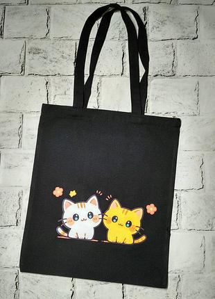 Сумка шоппер экосумка котики 35х40 см черная