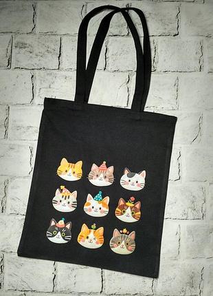 Сумка шоппер экосумка котики 35х40 см черная