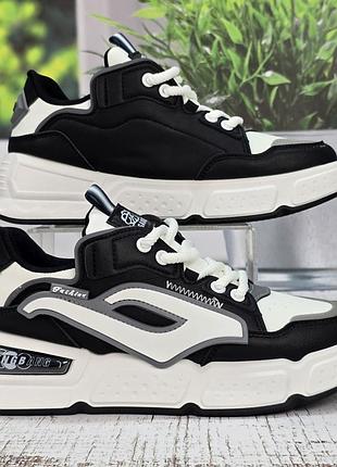 Кросівки чоловічі fagaoge чорно-білі демісезонні еко-шкіра 3983