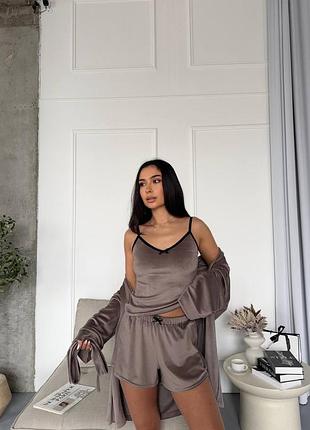 Піжама 3-ка жіноча велюрова / жіноча піжама з шортами і халатом тепла