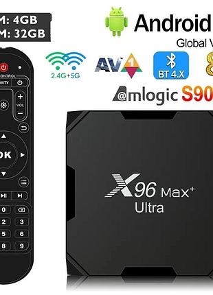 Тв-приставка android box x96max+ plus ultra (amlogic s905x4, 4/32gb, android 11, wi-fi 2.4/5ghz) з попередніми налаштуваннями