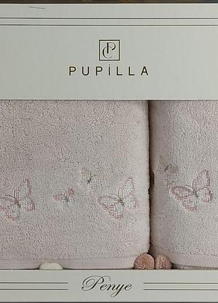 Набор полотенец, нежно розового цвета с бабочками и помпонами, pupilla, турция.