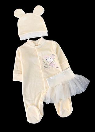 Комплект 3в1: человечек, шапочка, юбочка "мишка-балерина", велюр, фатин тм "happy tot"