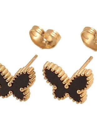 Серьги пусеты ttm stainless steel 14к пусеты бабочки с черными вставками (312631) тм xuping