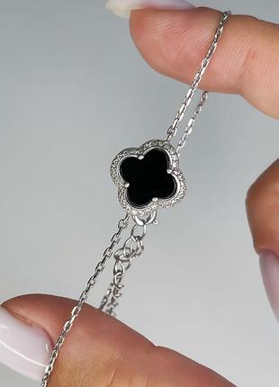 Серебряный браслет клевер с ониксом