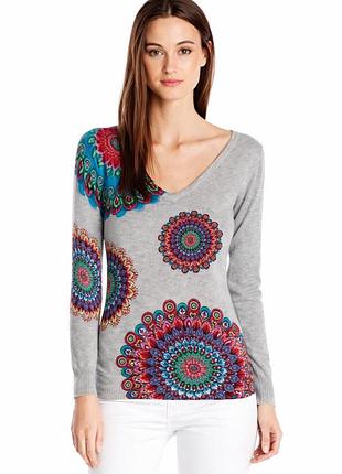 Desigual womens grey mandala floral print long sleeve v neck knit sweater top stretch casual boho оригінальна, жіноча кофта, лонгслів