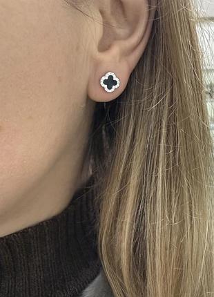 Срібні сережки конюшина з оніксом 925 проба