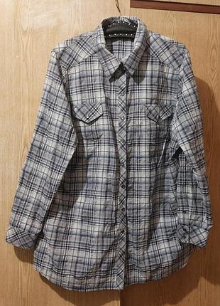 Рубашка на кнопках серо-синяя, жамканая рубашка в клетку, 48