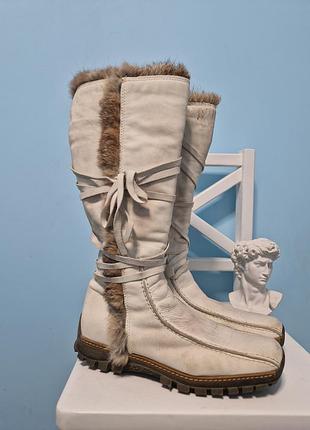Сапоги кожаные женские зимние made in italy белые натуральный мех енот