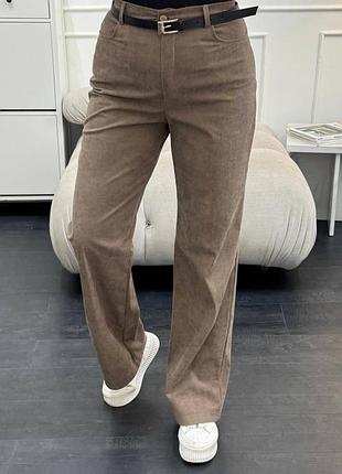 Вельветові стрейчеві штани з ремінцем і кишенями на високій талії