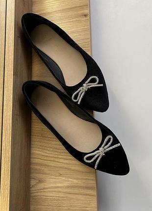 Чорні нові балетки 38р, туфлі 38р, велюрові балетки із бантиком, балетки із стразами