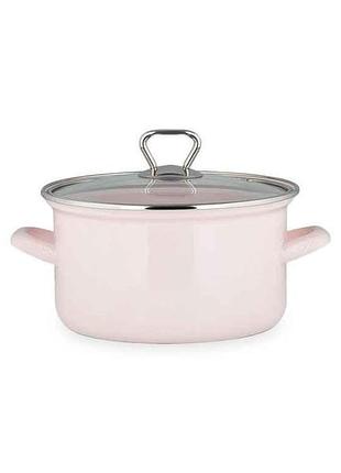 Кастрюля эмалированная с стеклянной крышкой 22см, розовая 4,6л тм biol