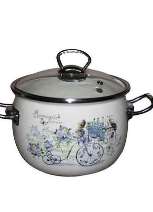 Каструля ем. 3.5л сферическая с н/ж фурнитурой и стеклянной крышкой романтический сад (молочный) i81913 тм idilia