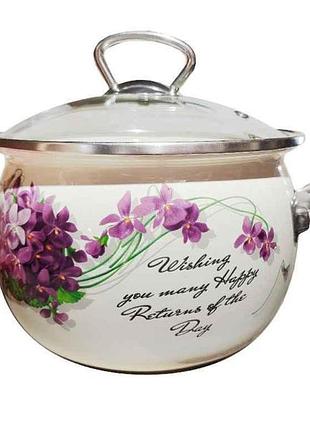 Каструля ем. 3.5л сферическая с н/ж фурнитурой и стеклянной крышкой виола (молочная) тм idilia