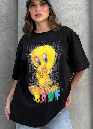 Турецкая оверсайз хлопковая удлиненная футболка с принтом мультяшным