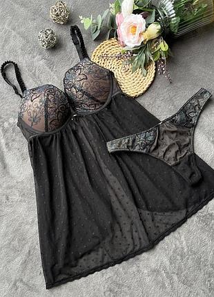 Набір пеньюар пуш ап з стрінгами в горошок сітка ажурний