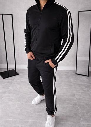 Чоловічий спортивний костюм двійка з лампасами на блискавці без капюшону петля двонитка чорний