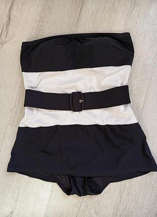 Элегантный черно-белый слитный купальник с юбочкой и ремешком на талии, размер хл