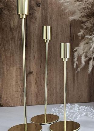 Свічники металеві золотисті високі 3 предмети tubo gold і ваза підсвічники