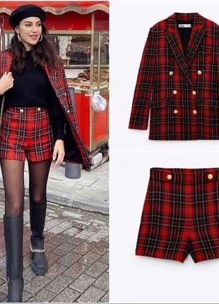 Базові шорти zara в клітинку вовна клетка твід костюм