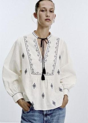 Жіноча сорочка zara з вишивкою, 100% котон, молочна, розмір l