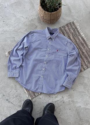 Вінтажна біла сорочка у синю смужку polo ralph lauren великого розміру приталена