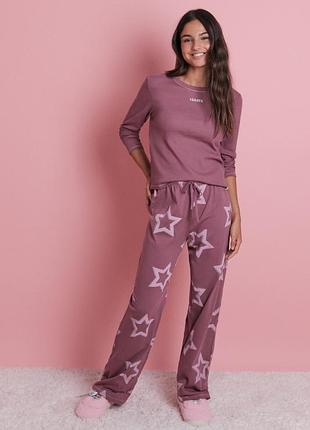Жіноча, підліткова піжама women’secret бавовняна з лонгслівом і штанами із зірковим принтом, розмір s