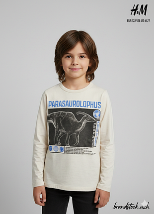 Лонгслив детский h&amp;m для мальчика р. 122/128 (6-8 лет) молочный с принтом динозавра parasaurolophus хлопковый