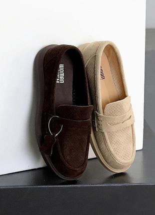 Коричневые шоколадные беж натуральные замшевые лоферы мокасины с перфорацией/ сетка