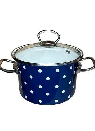 Каструля ем. 2л цилиндрическая с н/ж фурнитурой и стеклянной крышкой полька (синяя) i831104 тм idilia