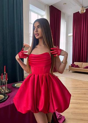 Атласный комплект двойка корсет + юбка баллон красный, вечерний комплект с юбкой и корсетом