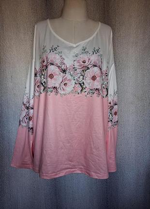 Нежный лонгслив с цветами кофта, кофточка большой размер, батал топ с длинными рукавами и цветочным принтом, v-образным вырезом