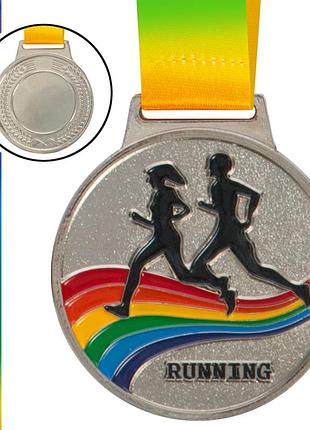 Медаль спортивна зі стрічкою кольорова біг c-0337 золото, срібло, бронза срібло