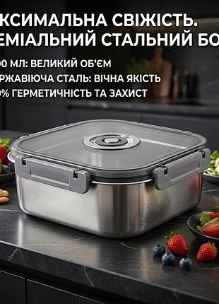 Контейнер пищевой из нержавеющей стали с герметичной крышкой 1800 мл 20687-14, серый, квадратный