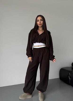 Спортивний костюм жіночий коричневий шоколадний з капюшоном на флісі теплий осінній весняний зимовий