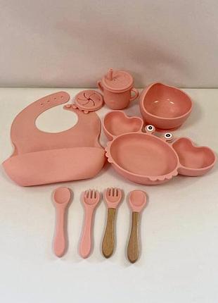 Силиконовый набор детской посуды для первого прикорма – 8 предметов, цвет кораловый