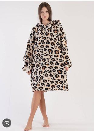 Очень теплая пижамная кофта леопардовый принт на подкладке искусственной шерсти шерпа мягкий худи-плед с капюшоном и внутренней подкладкой из белого меха.